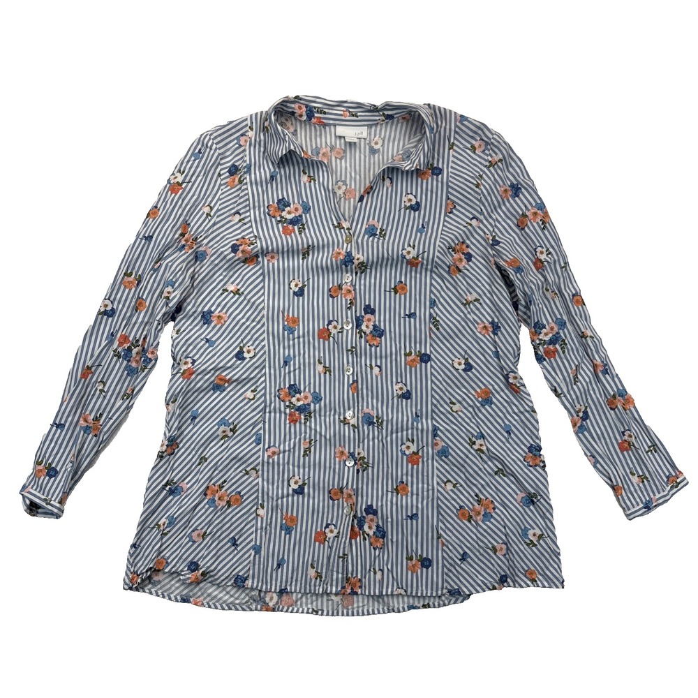 J.Jill Blue Striped Floral Cottagecore Boho Blouse Womens M Petite Top Rayon